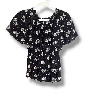 La Vie Rebecca Taylor Cotton Ruffle Off the Shoulder Floral Blouse Medium